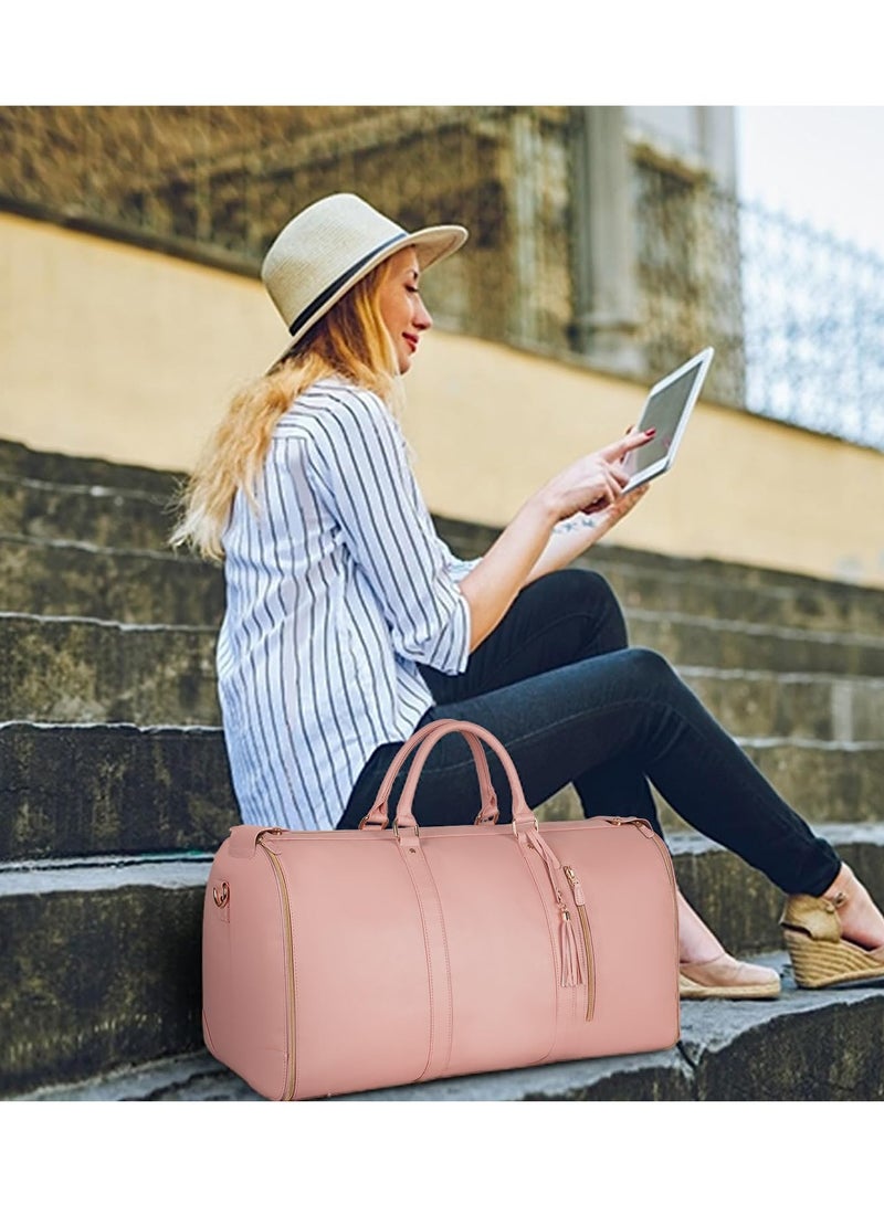 حقيبة ملابس محمولة، حقيبة دافل من جلد البولي يوريثان قابلة للطي للنساء، حقائب ملابس كبيرة مقاومة للماء للسفر مع جيب للأحذية، حقيبة سفر معلقة 2 في 1، أساسيات السفر، هدايا للنساء (وردي)