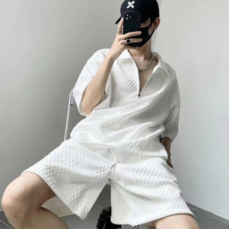 Mens Summer Polo Collar Short Sleeve High-Waisted Slimming Shorts Zippered Top Half-Open Chest Restrictive Waistband Casual Sui White  - Image 1