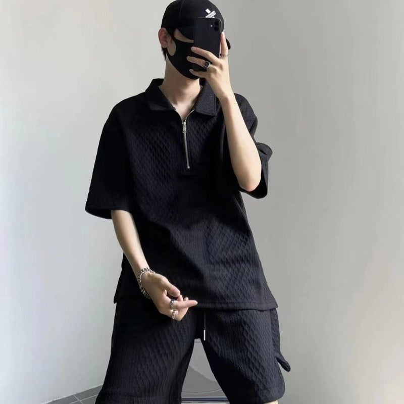 Mens Summer Polo Collar Short Sleeve High-Waisted Slimming Shorts Zippered Top Half-Open Chest Restrictive Waistband Casual Sui White  - Image 2