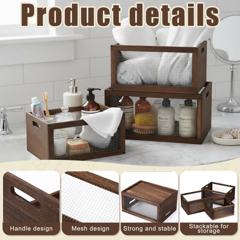 Kathfly 3 Pcs Wooden Countertop Baskets for Kitchen Bathroom, Easy Self-assembly Rustic Nesting Boxes with Handle and Wire Mesh, Multipurpose Wooden Crates for Fruit, Include Screws (3 Size,Dark Brown) - Image 4