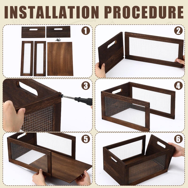 Kathfly 3 Pcs Wooden Countertop Baskets for Kitchen Bathroom, Easy Self-assembly Rustic Nesting Boxes with Handle and Wire Mesh, Multipurpose Wooden Crates for Fruit, Include Screws (3 Size,Dark Brown) - Image 3