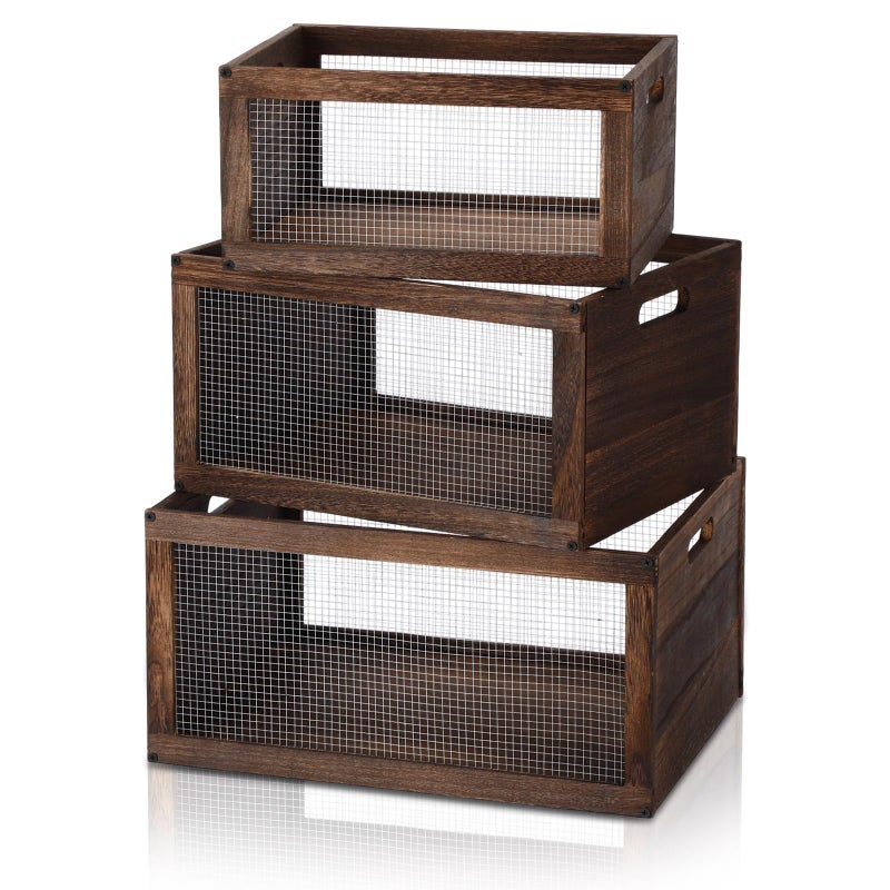 Kathfly 3 Pcs Wooden Countertop Baskets for Kitchen Bathroom, Easy Self-assembly Rustic Nesting Boxes with Handle and Wire Mesh, Multipurpose Wooden Crates for Fruit, Include Screws (3 Size,Dark Brown) - Image 1