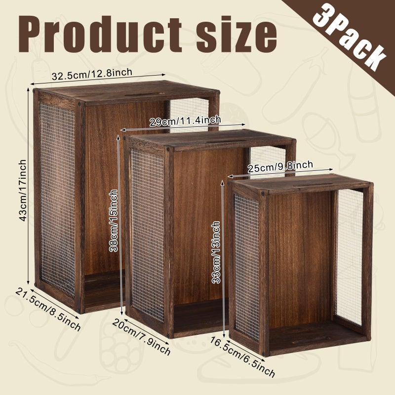 Kathfly 3 Pcs Wooden Countertop Baskets for Kitchen Bathroom, Easy Self-assembly Rustic Nesting Boxes with Handle and Wire Mesh, Multipurpose Wooden Crates for Fruit, Include Screws (3 Size,Dark Brown) - Image 2