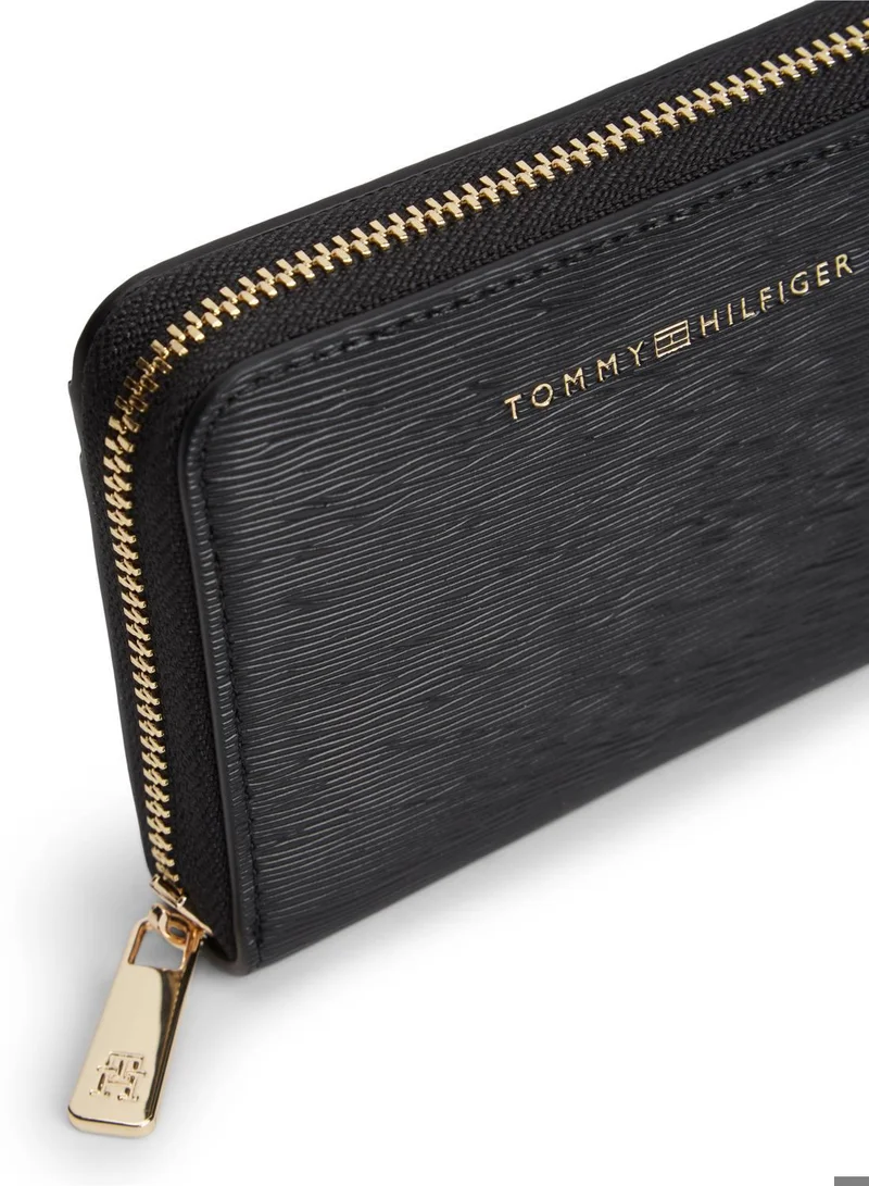 TOMMY HILFIGER Black Metallic Logo Zip-Around Textured Wallet for Women | Best Price UAE