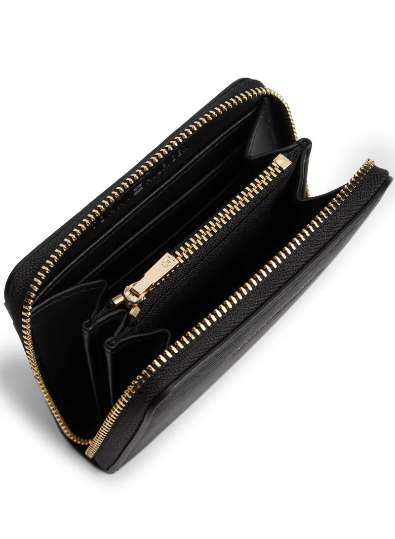 TOMMY HILFIGER Black Metallic Logo Zip-Around Textured Wallet for Women | Best Price UAE