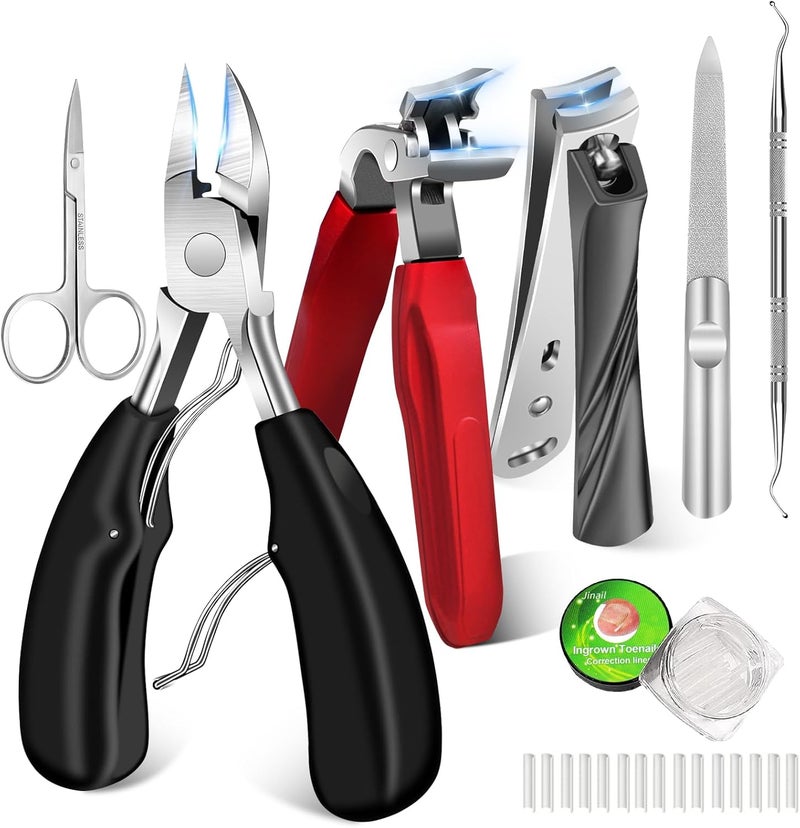 DUAIU 7 Pcs Toenail Clippers for Thick Toenails for Seniors Angled Head Large Slanted Toe Nail Clippers Set for Men Heavy Duty Ingrown Toenail Clippers with Wide Jaw Sharp Nail Cutter with Long Handle