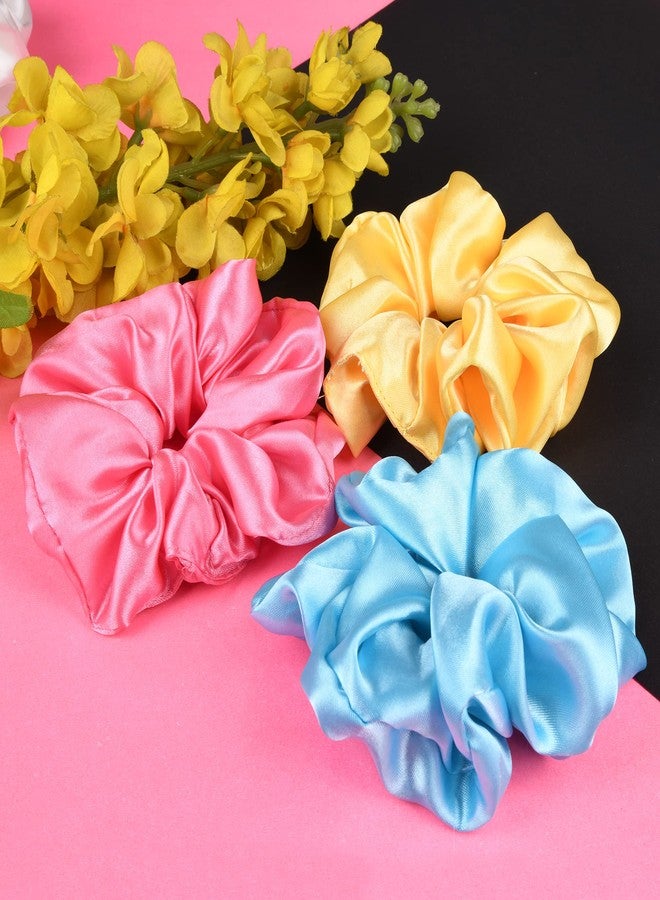 Nnr Premium Satin Silk Hair Scrunchies/Band For Girls & Women, Pack Of 3 Pcs - Pink/Blue/Yellow - Image 2
