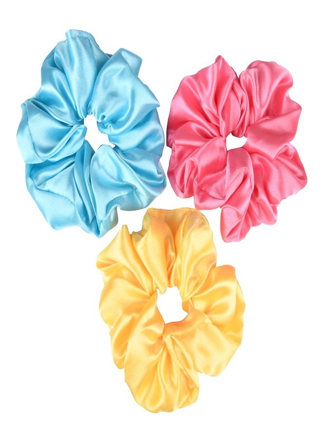 Nnr Premium Satin Silk Hair Scrunchies/Band For Girls & Women, Pack Of 3 Pcs - Pink/Blue/Yellow - Image 1