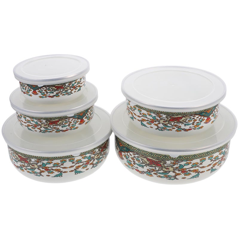 Vintage Enamel Bowls with Lids Set of 5 Thickened for Soup Salad Storage Kitchen Dining - Image 2