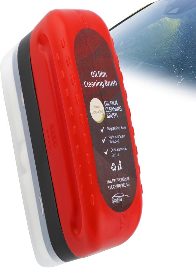 SUKILO Automotive Oil Film Cleaning Brush with 120ML Cleaner – Multifunctional Glass Oil Film Remover for Car Windshield, Rearview Mirror, Home Windows & Bathroom Doors (Red) - Image 1