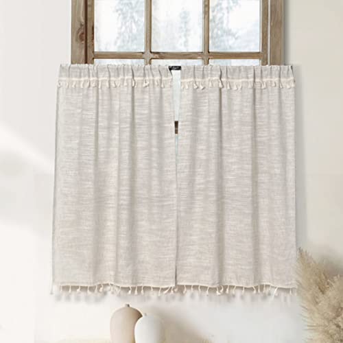 Oindec Boho Tassel Kitchen Curtains 36 Inch Length Modern Farmhouse Cotton Linen Short Cafe Curtains for Bathroom Small Window Country Rustic Tiers Bohemian Decor 26W x 36L 2 Panels Natural