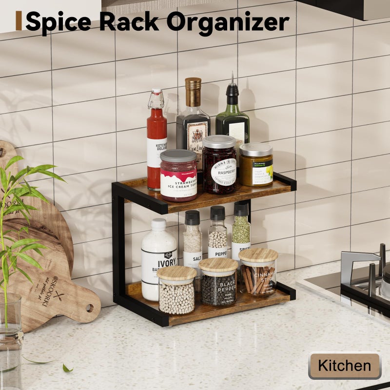 Marty 2 Tier 12.6""X7.7"" Counter Shelf Organizer Kitchen Spice Rack For Countertop  Coffee Station Organizer For Mugs Cups  Wood Shelf Desk Storage Organizer For Bathroom Home Office (Rustic Brown) - Image 2