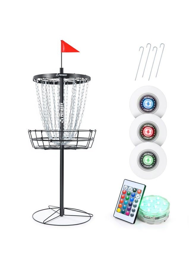 Patiassy Disc Golf Basket with Discs Includes 24-Chain Portable Disc Golf Target with Light and 3 Disc Golf Discs with Flat LED Lights - Image 1