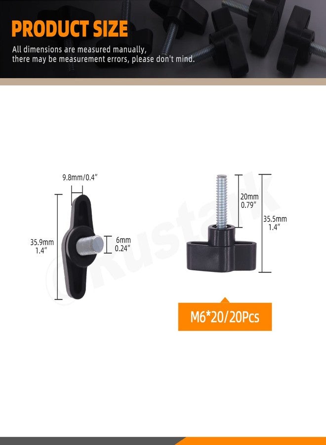 Rustark 20Pcs M6 x 20mm Thumb Screws Wing Knob Bolt Black Plastic Male Thread Clamping Screw for Quick Remove or Replace Hand Tightening - Image 2