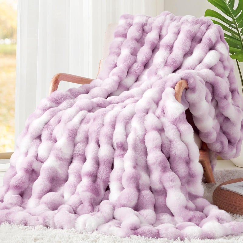 Touchat Luxury 1000GSM Faux Rabbit Fur Throw Blanket for Women, Super Heavy Warm Cozy Blankets for Couch Bed Sofa, Bubble Plush Fuzzy Soft Mink Blanket for Living Room Bedroom, Purple - Image 1