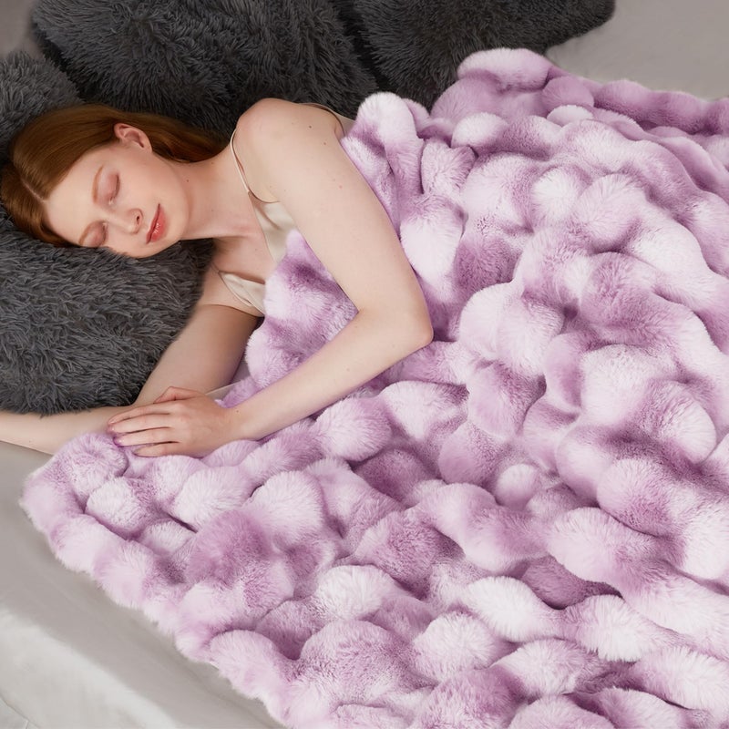 Touchat Luxury 1000GSM Faux Rabbit Fur Throw Blanket for Women, Super Heavy Warm Cozy Blankets for Couch Bed Sofa, Bubble Plush Fuzzy Soft Mink Blanket for Living Room Bedroom, Purple - Image 4