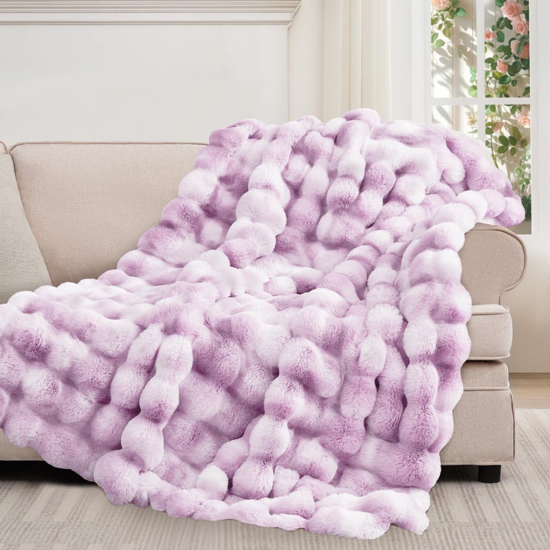 Touchat Luxury 1000GSM Faux Rabbit Fur Throw Blanket for Women, Super Heavy Warm Cozy Blankets for Couch Bed Sofa, Bubble Plush Fuzzy Soft Mink Blanket for Living Room Bedroom, Purple - Image 3