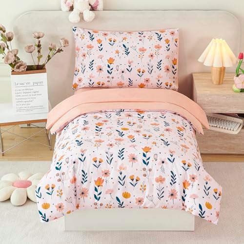 URBONUR Cute Floral Toddler Bedding Set for Girls, 4 Piece Bed-in-a-Bag Toddler Microfiber Comforter Sheet Set, Botanical Flowers Printed, All Season Easy Care - Image 1