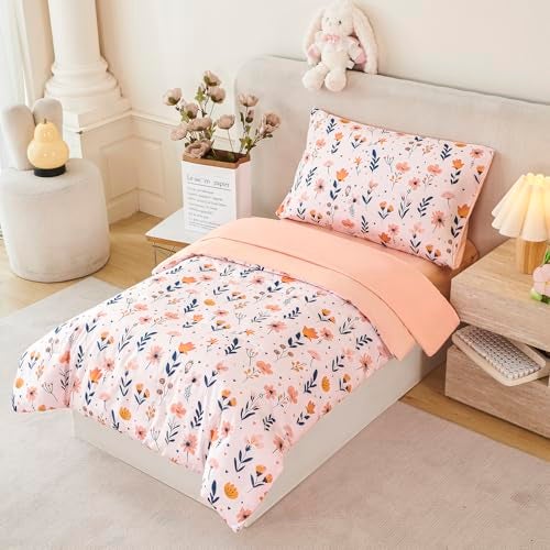 URBONUR Cute Floral Toddler Bedding Set for Girls, 4 Piece Bed-in-a-Bag Toddler Microfiber Comforter Sheet Set, Botanical Flowers Printed, All Season Easy Care - Image 2