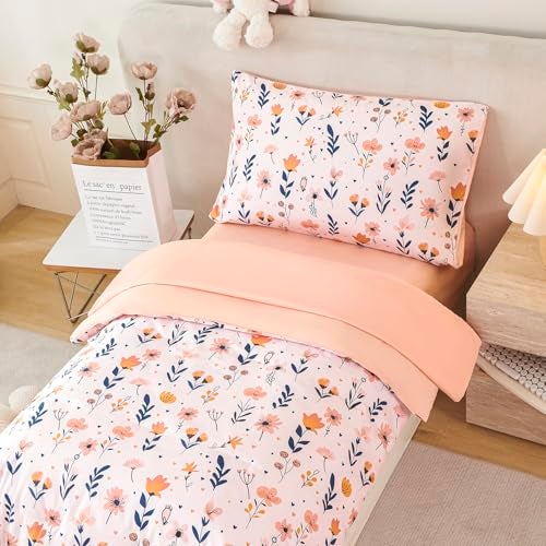 URBONUR Cute Floral Toddler Bedding Set for Girls, 4 Piece Bed-in-a-Bag Toddler Microfiber Comforter Sheet Set, Botanical Flowers Printed, All Season Easy Care - Image 3