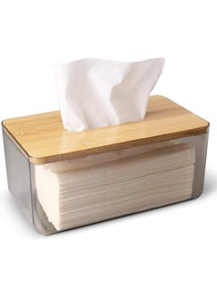 Tissue Box Cover Holder, Clear Acrylic Rectangular Tissues Dispenser Box Dryer Sheet Wet Toilet Paper Tray with Bamboo Wood Lid,Tissue Organizer for Bathroom,Living Room,Bathroom (Clear)