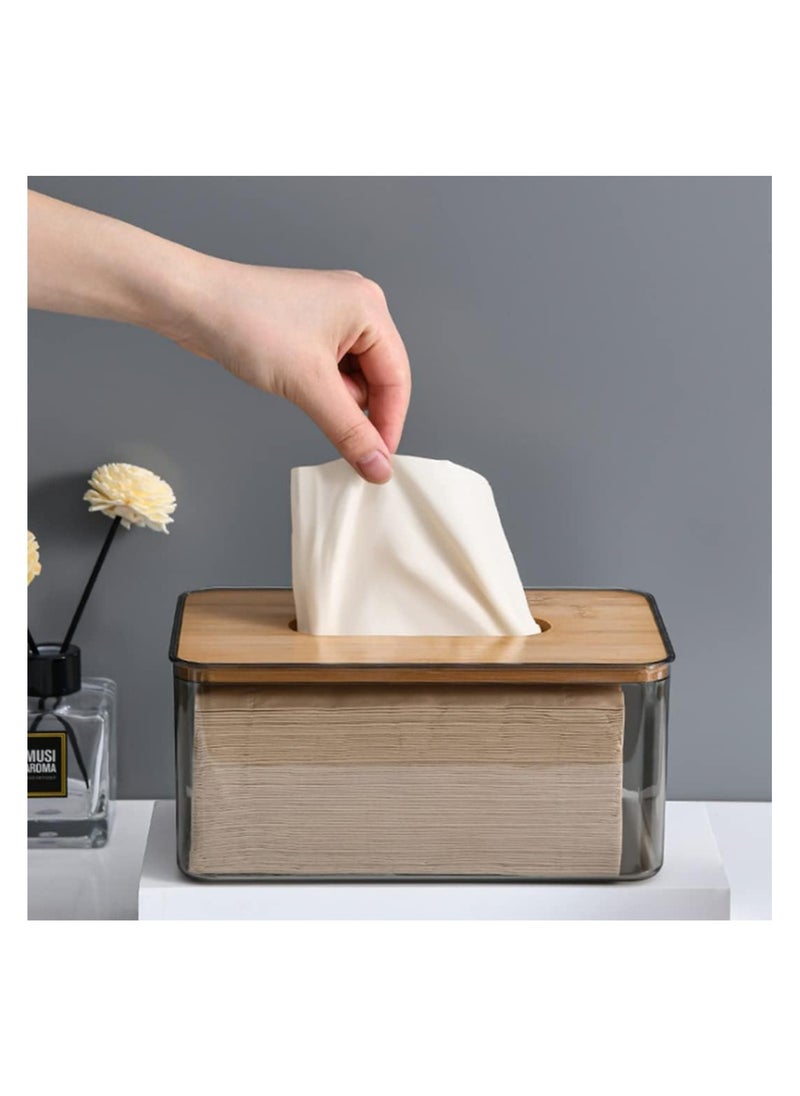 Generic - Tissue Box Cover Holder, Clear Acrylic Rectangular Tissues Dispenser Box Dryer Sheet Wet Toilet Paper Tray with Bamboo Wood Lid,Tissue Organizer for Bathroom,Living Room,Bathroom (Clear) - Image 1