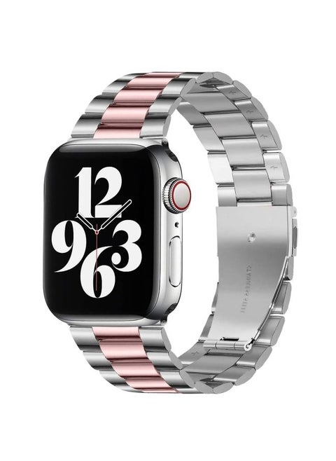 Replacement Strap Fold Buckle 3 Beads Stainless Steel Watch Band For Apple Watch Ultra 49mm&Watch Ultra 2 49mm / Series 9&8&7 45mm / SE 3&SE 2&6&SE&5&4 44mm / 3&2&1 42mm Silver Pink