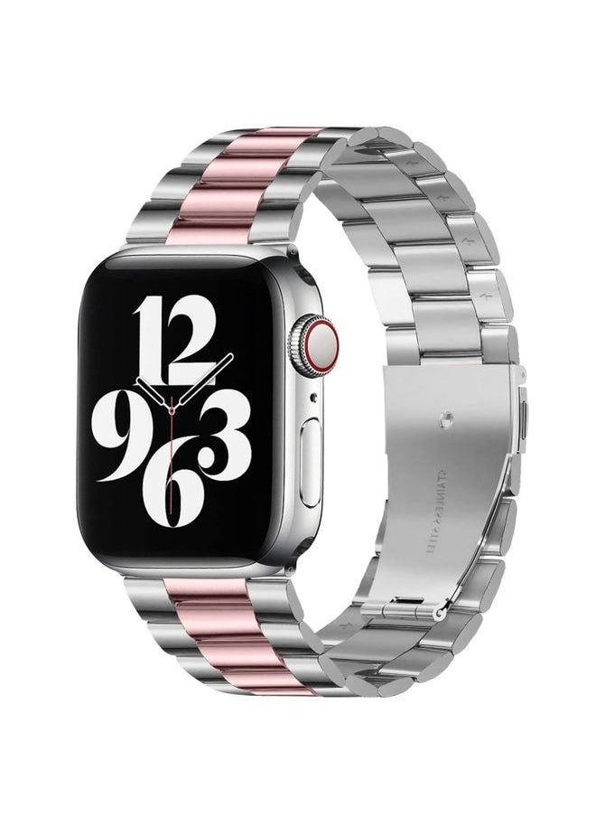 Replacement Strap Fold Buckle 3 Beads Stainless Steel Watch Band For Apple Watch Ultra 49mm&Watch Ultra 2 49mm / Series 9&8&7 45mm / SE 3&SE 2&6&SE&5&4 44mm / 3&2&1 42mm Silver Pink
