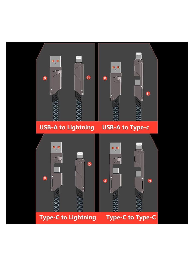 4 in 1 USB C Cable L-Port Cable, 60W Fast Charging Cord, Flat Nylon Braided Anti-Tangle Charger Cord with Velcro, Multi Charging Cable Combo Compatible with IP, Type C Cell Phones, 4ft, Not for Pad