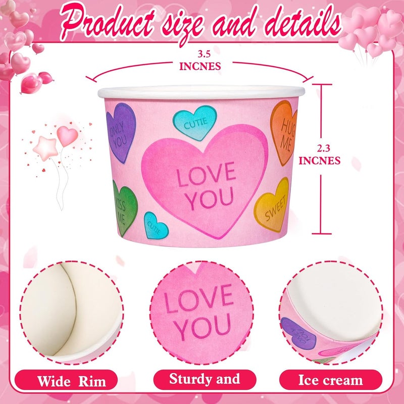 HOWAF 24pcs Valentine's Day Conversation Hearts Party Supplies Ice Cream Bowls,Candy Heart Disposable Treat Snack Cups for Sundae Hot or Cold Food Paper Party Cup 8 oz Paper Dessert Bowls - Image 2