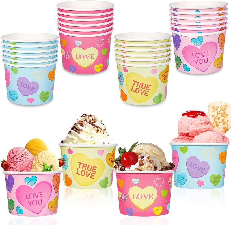 HOWAF 24pcs Valentine's Day Conversation Hearts Party Supplies Ice Cream Bowls,Candy Heart Disposable Treat Snack Cups for Sundae Hot or Cold Food Paper Party Cup 8 oz Paper Dessert Bowls - Image 1