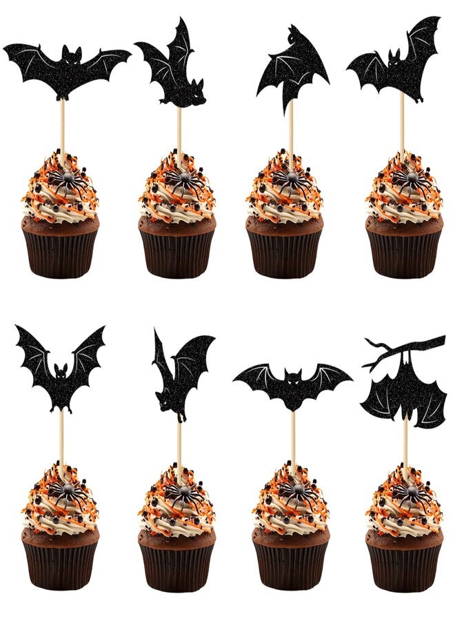 Chewarelly 24 Pack Halloween Cupcake Toppers Set, Black Glitter Bat Cupcake Picks for Baby Shower, Halloween and Birthday Party Decorations Supplies (Bat) - Image 1