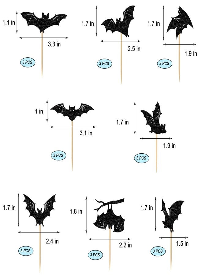 Chewarelly 24 Pack Halloween Cupcake Toppers Set, Black Glitter Bat Cupcake Picks for Baby Shower, Halloween and Birthday Party Decorations Supplies (Bat) - Image 2