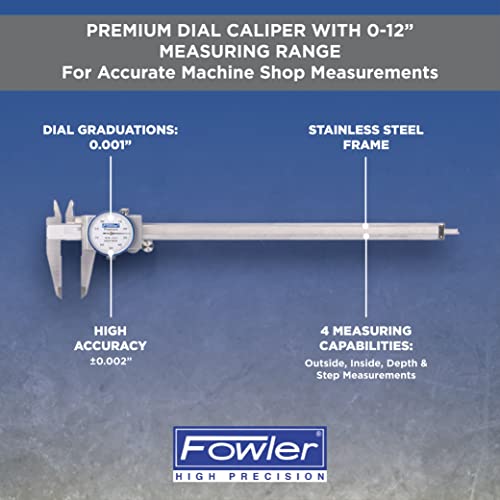 Fowler 52-008-712-0 Premium Dial Caliper with 0-12" Measuring Range, Dial Caliper with Knurled Lock, ±0.002" Accuracy, Case Included, Solid Stainless Steel - Image 2