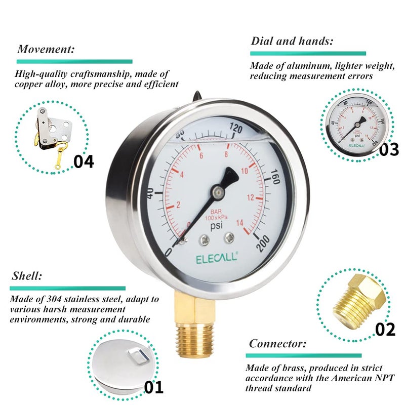 ELECALL 200psi Silicone Oil Filled Pressure Gauge for Water Oil Air Pressure Test in Pool Pump Sand Filter Air Compressor Water System, 2-1/2" Stainless Steel Case, Lower Mount 1/4" NPT - Image 3