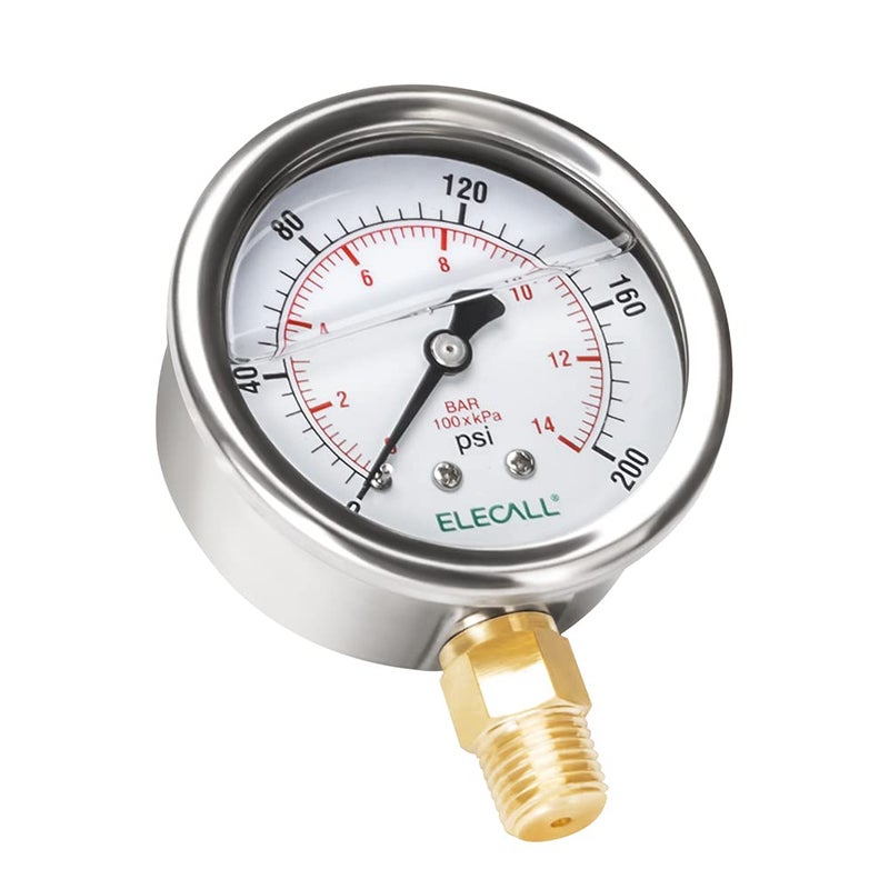 ELECALL 200psi Silicone Oil Filled Pressure Gauge for Water Oil Air Pressure Test in Pool Pump Sand Filter Air Compressor Water System, 2-1/2" Stainless Steel Case, Lower Mount 1/4" NPT - Image 1