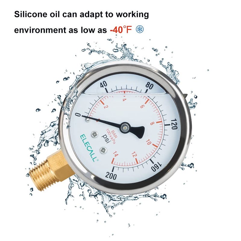 ELECALL 200psi Silicone Oil Filled Pressure Gauge for Water Oil Air Pressure Test in Pool Pump Sand Filter Air Compressor Water System, 2-1/2" Stainless Steel Case, Lower Mount 1/4" NPT - Image 4