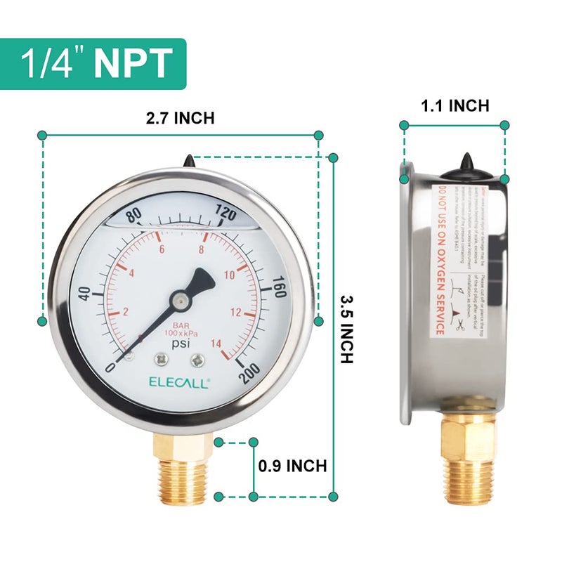 ELECALL 200psi Silicone Oil Filled Pressure Gauge for Water Oil Air Pressure Test in Pool Pump Sand Filter Air Compressor Water System, 2-1/2" Stainless Steel Case, Lower Mount 1/4" NPT - Image 2