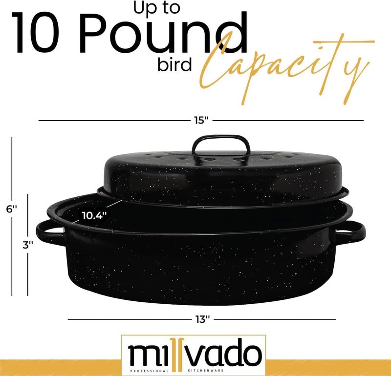 Millvado Granite Roasting Pan, 10 lb Capacity Turkey Roasting Pan with Lid, 15" Granite Oven Roaster Oval Shaped Speckled Enamel on Steel Cookware - Image 2