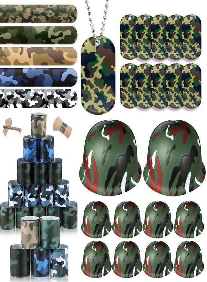 PullCrease 140 Pcs Army Accessories for Kids 100 Camo Slap Bracelets 20 Plastic Army Helmet 20 Camouflage Dog Tags with Beaded Chains for Kids Adults Camo Theme Party Birthday Decorations - Image 1