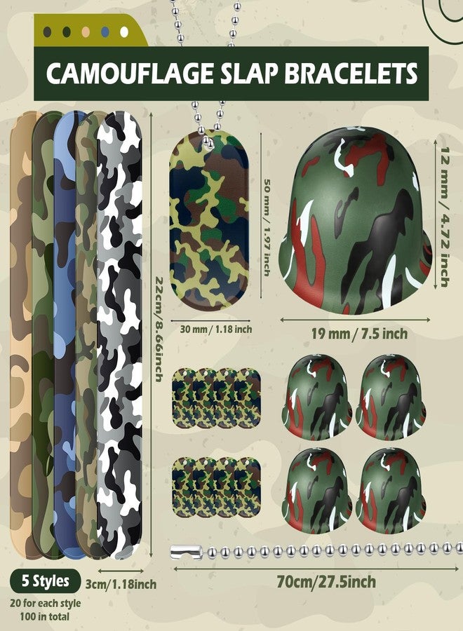 PullCrease 140 Pcs Army Accessories for Kids 100 Camo Slap Bracelets 20 Plastic Army Helmet 20 Camouflage Dog Tags with Beaded Chains for Kids Adults Camo Theme Party Birthday Decorations - Image 2