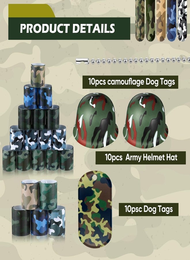 PullCrease 140 Pcs Army Accessories for Kids 100 Camo Slap Bracelets 20 Plastic Army Helmet 20 Camouflage Dog Tags with Beaded Chains for Kids Adults Camo Theme Party Birthday Decorations - Image 3