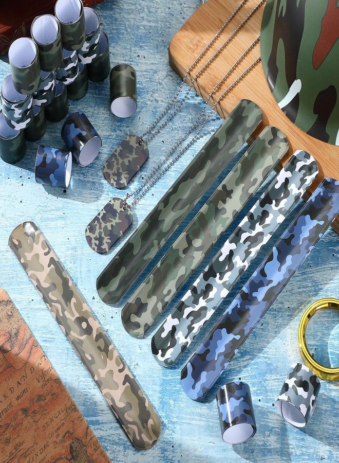 PullCrease 140 Pcs Army Accessories for Kids 100 Camo Slap Bracelets 20 Plastic Army Helmet 20 Camouflage Dog Tags with Beaded Chains for Kids Adults Camo Theme Party Birthday Decorations - Image 4