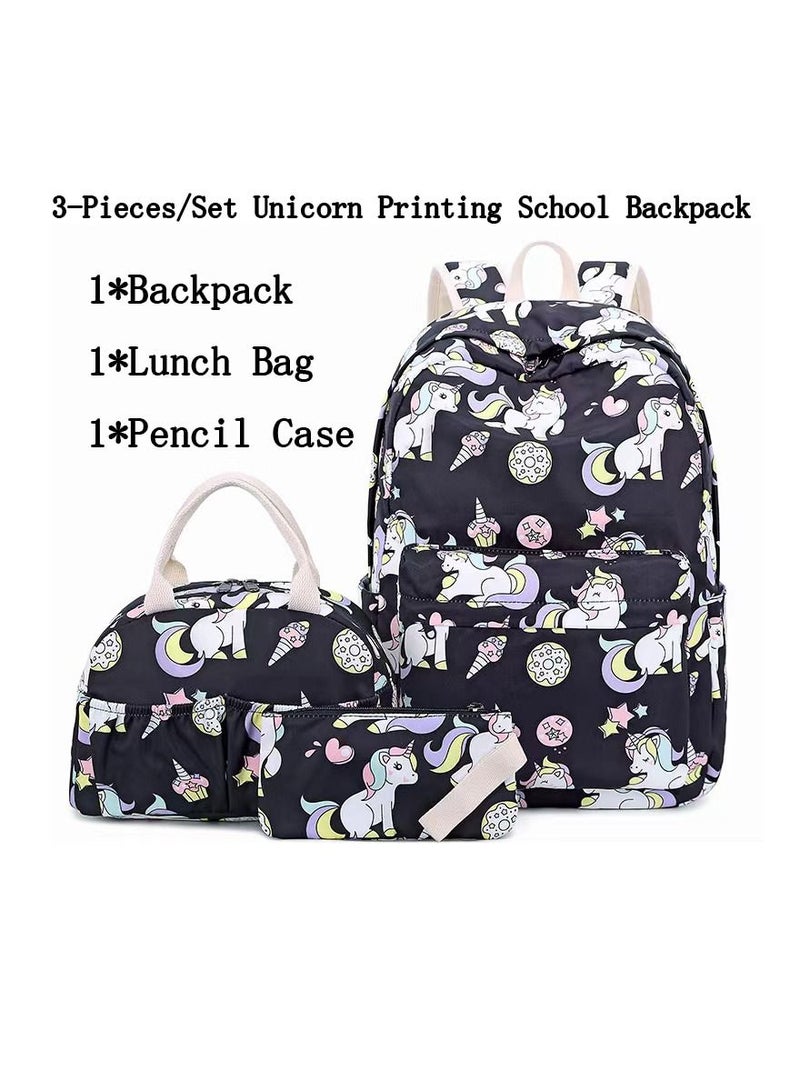 3-Pieces/Set Unicorn Printing School Backpack,Teen Girls Bookbag with Lunch Bag and Pencil Case
