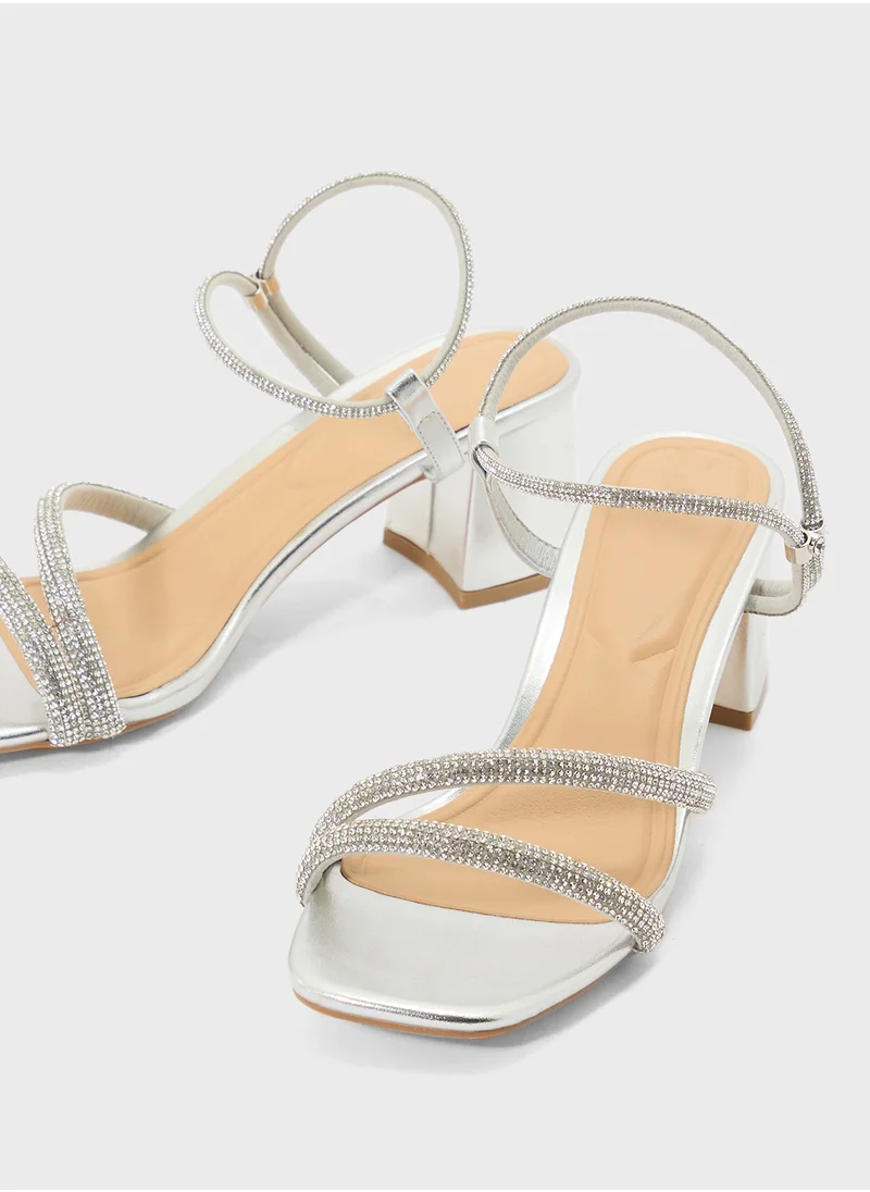 Truffle Low Block Heel Diamante Strappy Sandal