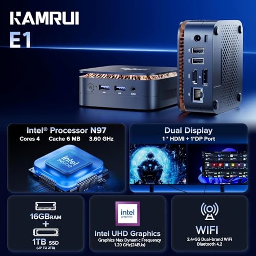 KAMRUI Essenx E1 Mini PC 12th N97 Mini Computers(Beat N150, up to 3.6GHz), Desktop Computers 16GB RAM 1TB SSD, Micro PC Computer Support 4K HDMI+DP, Desktop PC with Dual WiFi, Business Home Office - Image 3