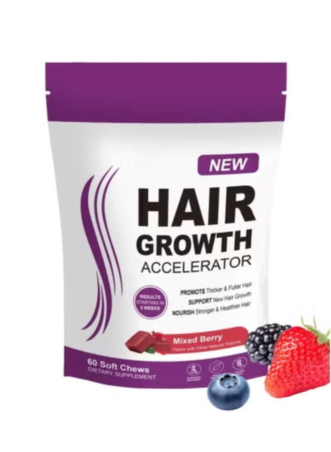 New Hair Growth Accelerator Soft Chews, Hair Growth Vitamins for Women and Men with Lustriva and Biotin to Promote Thicker, Fuller, Stronger Hair, Mixed Berry, 60 Soft Chews - Image 1