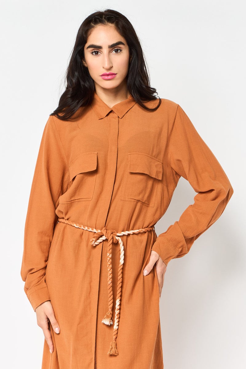 promod Women Textured Shirt Dress, Brown - Image 3