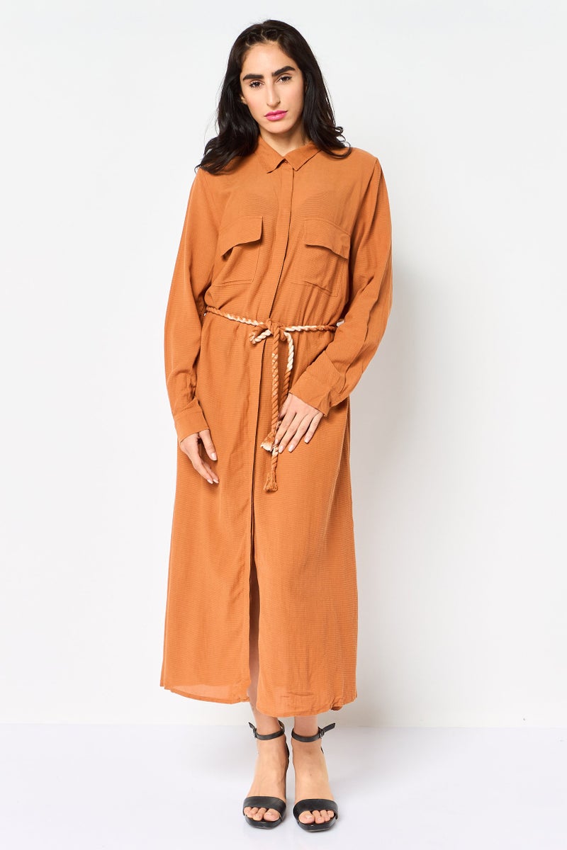 promod Women Textured Shirt Dress, Brown - Image 1