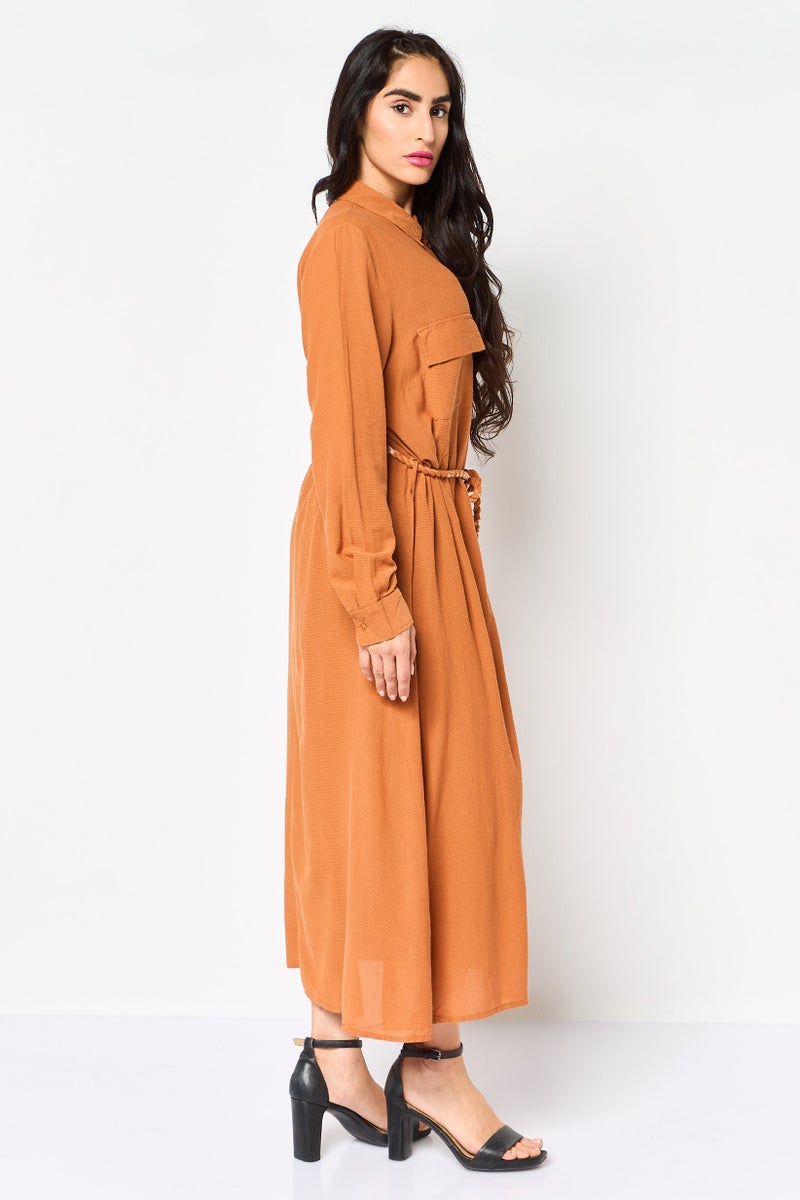 promod Women Textured Shirt Dress, Brown - Image 2